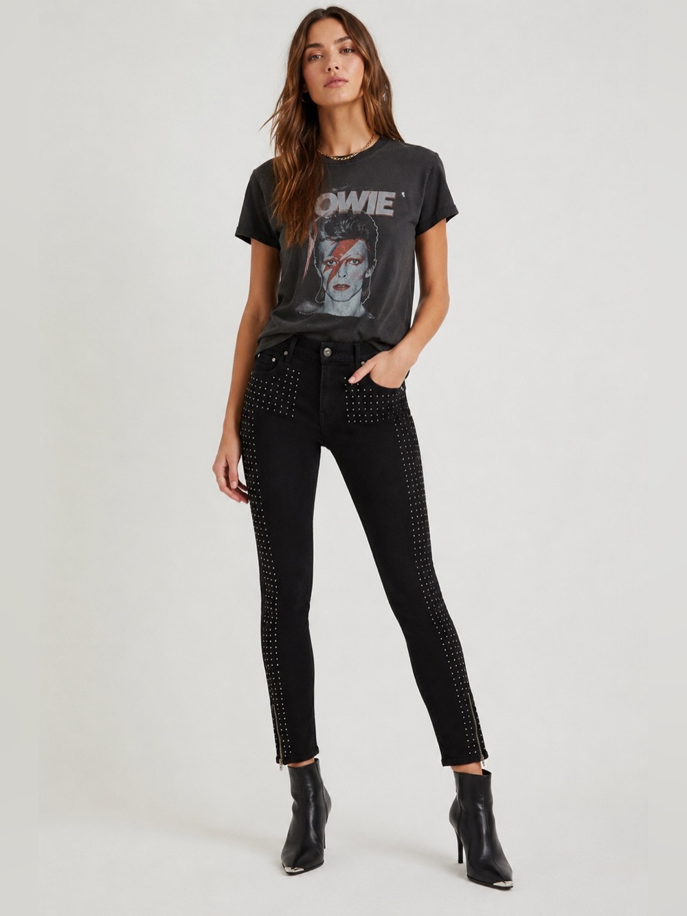 MOTHER The Ankle Zip Looker Big Black Stud Jeans Size 28 Black Studded Skinny
